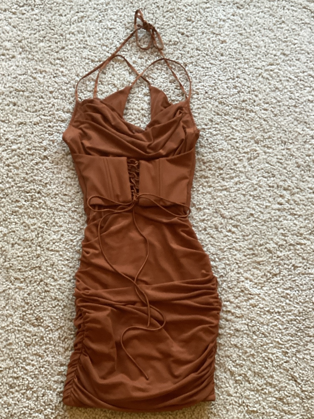 Oh Polly Rust Halter Ruched Mini Dress